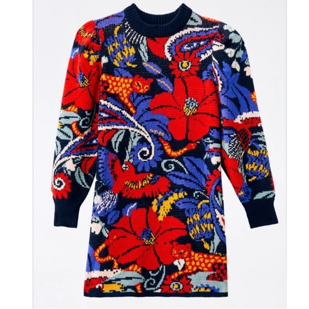 FARM Rio Red Blue Puff Sleeve Sheath Dress